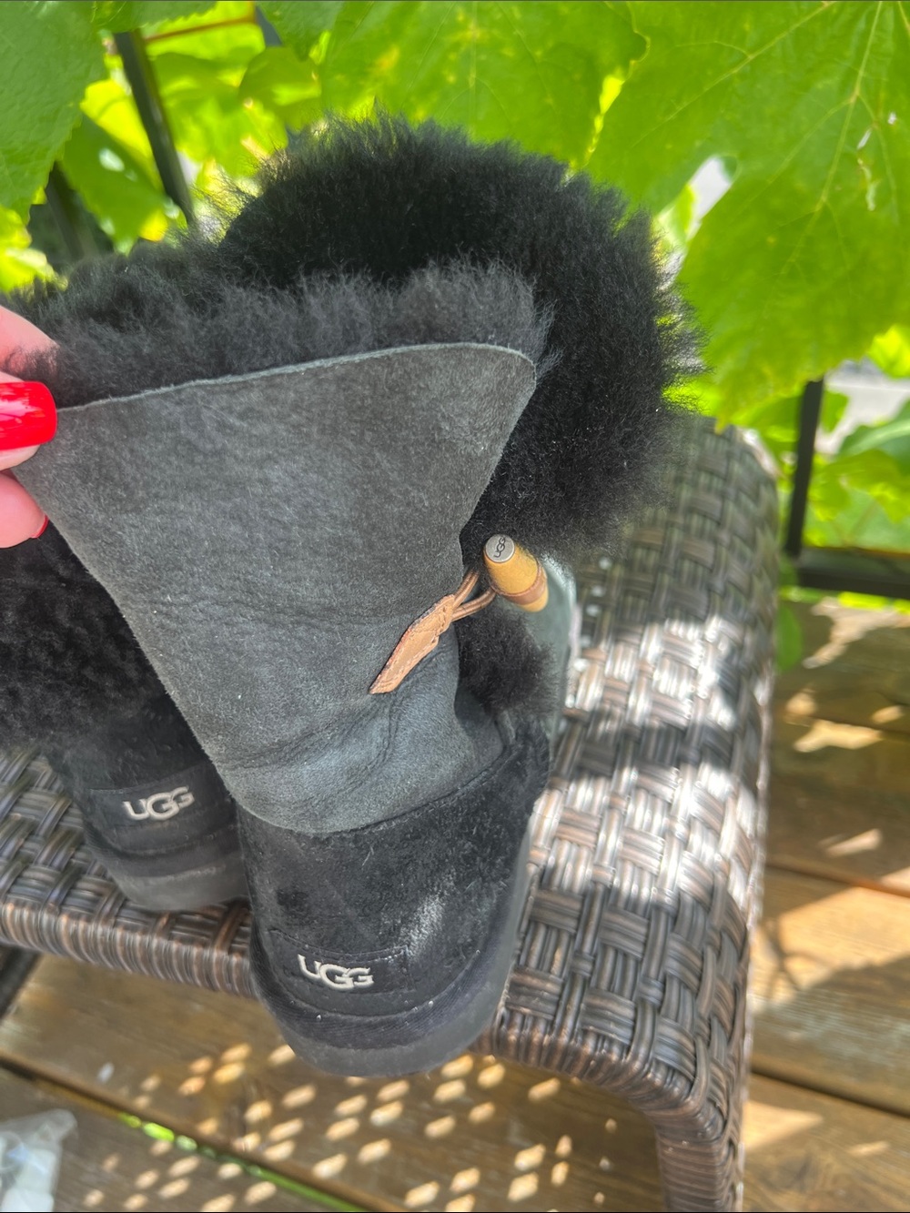UGG Black Kelly Suede Shearling Boots with Tan Toggle - Picture 13 of 17
